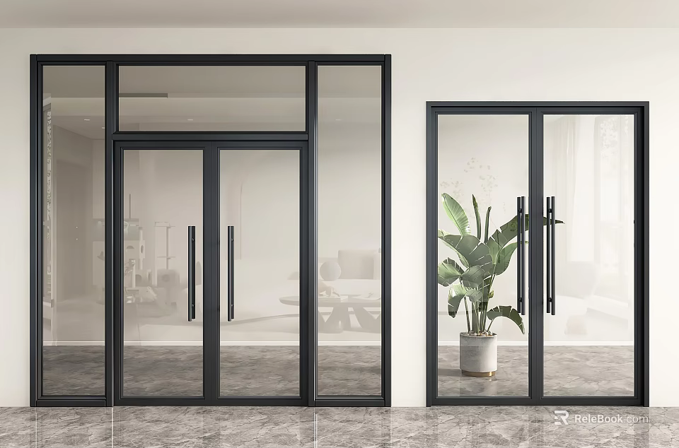 Modern Glass Double Doors With Black Frame And Green Plant In Interior 3d model 