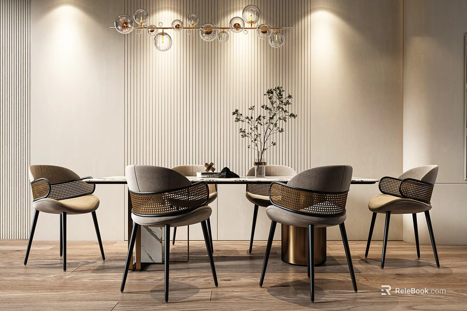 Modern Dining Table Set With Woven Chairs Pendant Lights And Vase On Striped Wall 3d model 