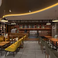 Cozy Cafe Interior With Yellow Armchairs Wooden Bookshelves And Pendant Lights