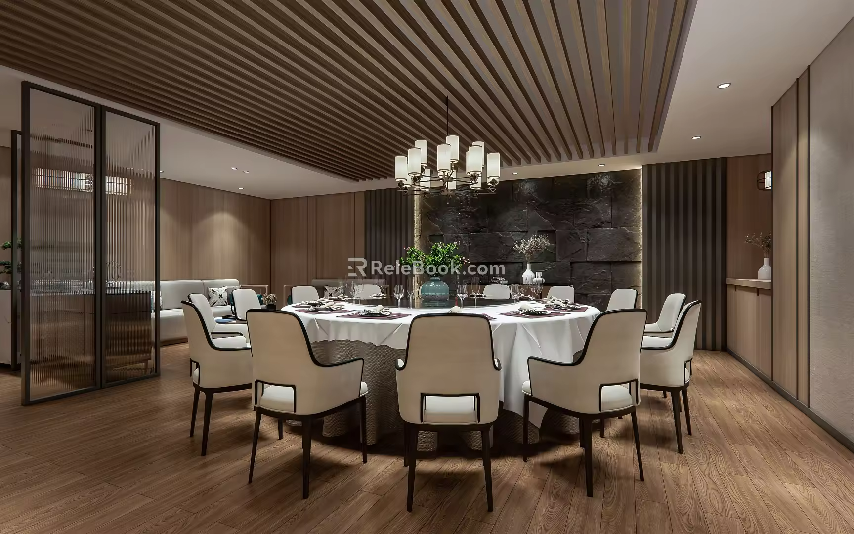 New Chinese-style Room Box Restaurant Large Round Table Sideboard 3d model