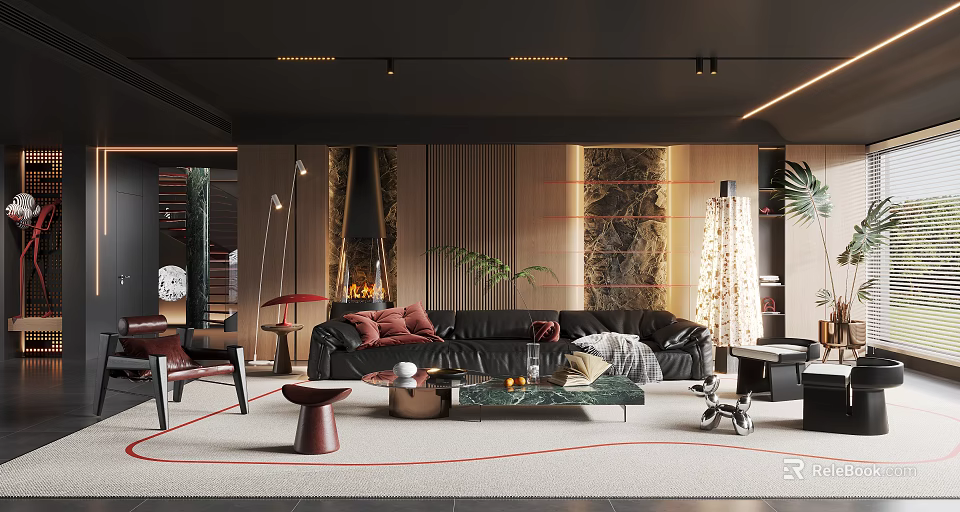 Modern Living Room Interior With Black Leather Sofa And Marble Coffee Table Rug 3d model 