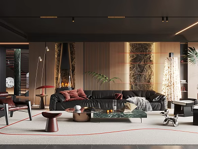 Modern Living Room Interior With Black Leather Sofa And Marble Coffee Table Rug 3d model