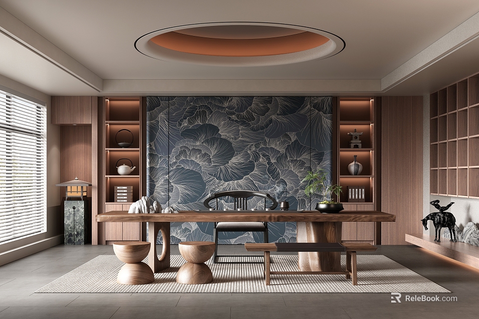 Modern Tea Room Interior With Wooden Table Lotus Mural And Circular Ceiling Light 3d model 