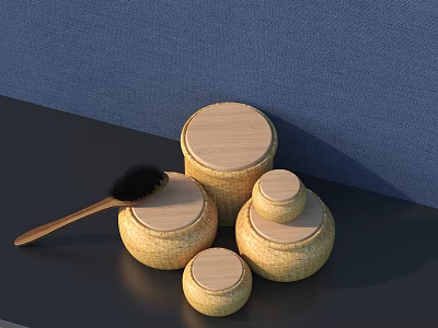 Natural Style Bathroom Accessories With Wicker Containers Wooden Lids And Brush 3d model
