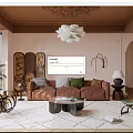Elegant Modern Living Room with Ornate Ceiling White Chandelier Brown Sofa and Pink Walls