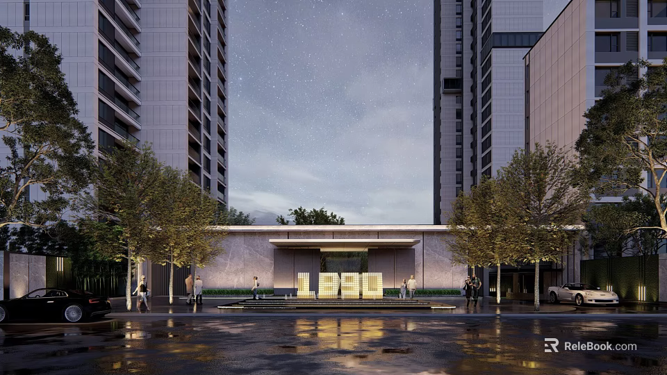 Modern Entrance Gate With Tall Buildings Starry Night Sky And Wet Ground Reflections 3d model 