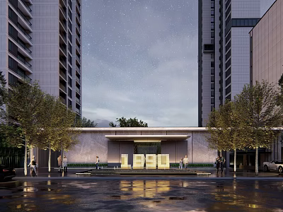Modern Entrance Gate With Tall Buildings Starry Night Sky And Wet Ground Reflections 3d model