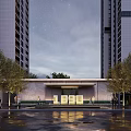 Modern Entrance Gate With Tall Buildings Starry Night Sky And Wet Ground Reflections
