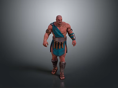 Muscular Bald Man In Ancient Warrior Blue Tunic With Arm Guards Leg Armor And Sandals 3d model