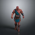 Muscular Bald Man In Ancient Warrior Blue Tunic With Arm Guards Leg Armor And Sandals