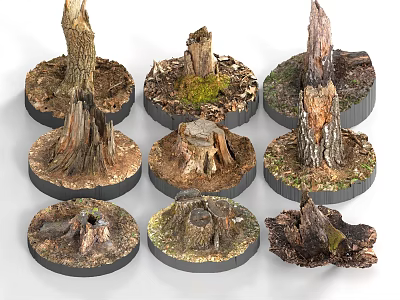 Detailed Tree Stump Models With Moss Soil And Natural Textures On Bases 3d model