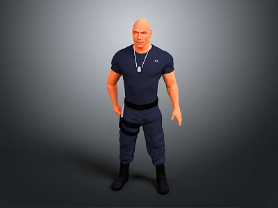 Bald Man With Muscular Build In Navy Blue T Shirt Pants Against Gray Background 3d model