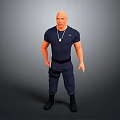 Bald Man With Muscular Build In Navy Blue T Shirt Pants Against Gray Background