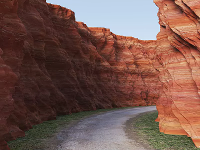 Garden Landscape Featuring Winding Path Between Red Rock Formations And Green Grass 3d model
