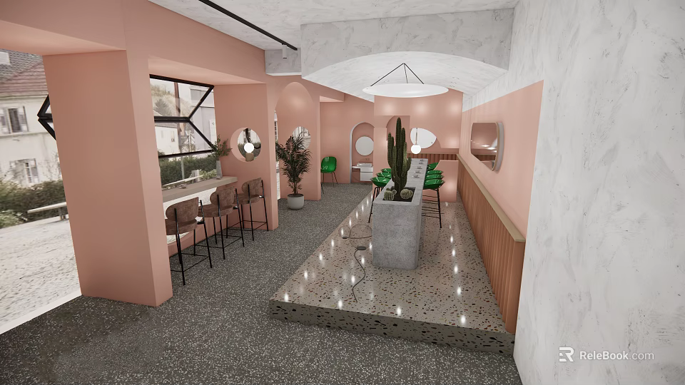 Stylish Pink Café Interior With Open Space Round Mirrors Green Chairs And Terrazzo Flooring 3d model 