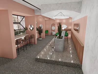 Stylish Pink Café Interior With Open Space Round Mirrors Green Chairs And Terrazzo Flooring 3d model