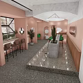 Stylish Pink Café Interior With Open Space Round Mirrors Green Chairs And Terrazzo Flooring