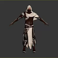 Hooded Character In Red White Outfit With Demon Mask And Armor Standing Pose