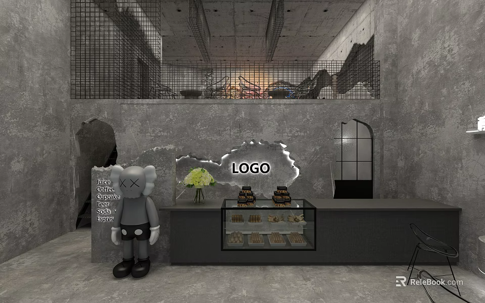 Modern Dessert Shop With Grey Doll Display Case Flower Bouquet Arched Window And Grey Wall 3d model 