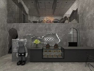 Modern Dessert Shop With Grey Doll Display Case Flower Bouquet Arched Window And Grey Wall 3d model