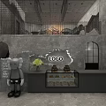 Modern Dessert Shop With Grey Doll Display Case Flower Bouquet Arched Window And Grey Wall