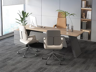 Modern Office Desk With Wooden Top Black Legs Chairs Computer Monitor Plants And City View 3d model
