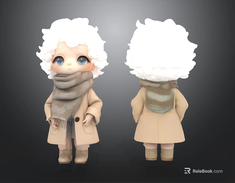 Cartoon Man Character With White Curly Hair Beige Coat Gray Scarf Front Back View 3d model 