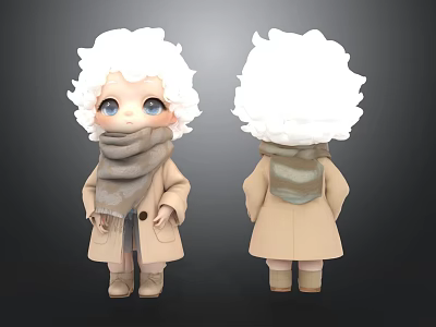Cartoon Man Character With White Curly Hair Beige Coat Gray Scarf Front Back View 3d model