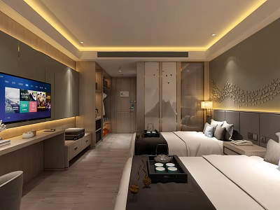 Modern Hotel Guest Room With Twin Beds Flat Screen TV And Decorative Headboard 3d model