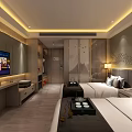 Modern Hotel Guest Room With Twin Beds Flat Screen TV And Decorative Headboard
