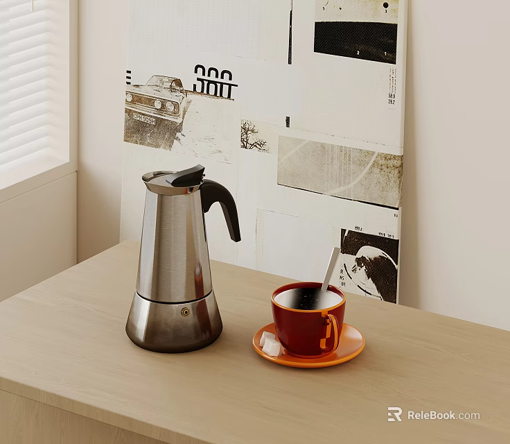 Moka Pot And Orange Cup On Table Near Collage Art 3d model 