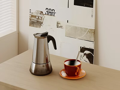 Moka Pot And Orange Cup On Table Near Collage Art 3d model