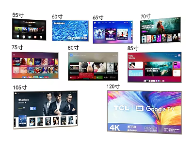 TCL 4K Google TVs with Various Size Options from 55 Inch to 120 Inch 3d model