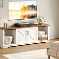 Cozy Bedroom Interior With TV Stand Showing Lake Trees View And Green Curtains