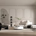 Elegant Modern Living Room Interior With Wall Paneling Arches White Sofa Black Chair And Plants