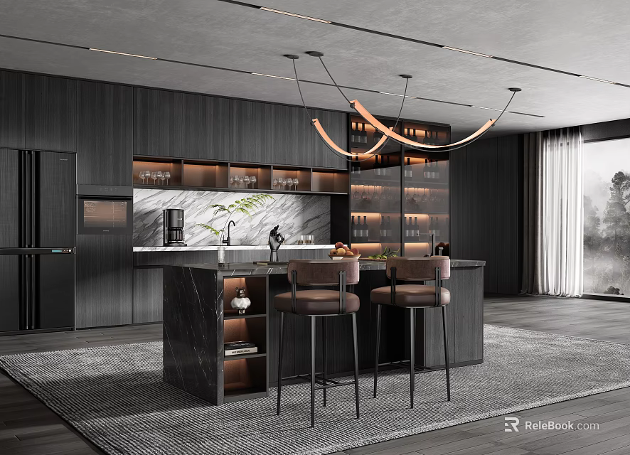 Modern Restaurant Kitchen Interior With Dark Cabinets Island Counter And Bar Stools 3d model 