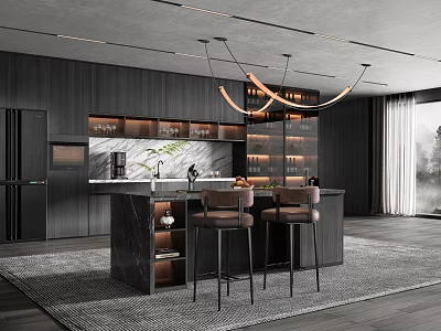 Modern Restaurant Kitchen Interior With Dark Cabinets Island Counter And Bar Stools 3d model