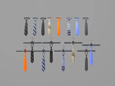 Stylish Men's Ties Hanging On Hangers With Various Colors And Patterns 3d model