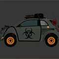 Tactical Military Vehicle With Biohazard Symbol Roof Equipment Orange Wheels And Protective Mesh