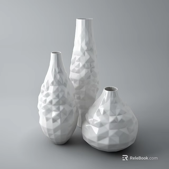 Three White Geometric Textured Vases With Modern Design For Home Decor 3d model