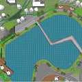 Curved Roadway Walkway Over Water With Surrounding Greenery And Rest Areas