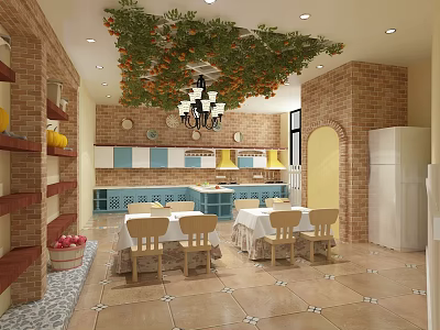 Kindergarten Kitchen Interior With Colorful Cabinets Children's Tables And Decorative Plants 3d model