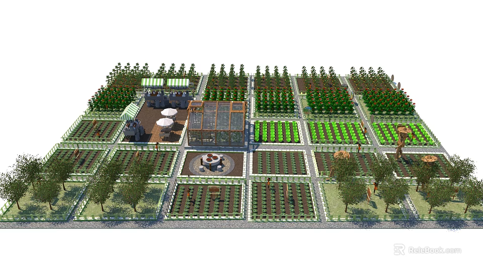 Rural Agricultural Landscape with Neat Farm Plots Greenhouse and Outdoor Seating Area 3d model 