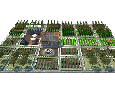 Rural Agricultural Landscape with Neat Farm Plots Greenhouse and Outdoor Seating Area 3d model