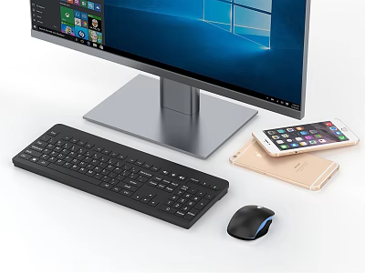 Modern Sleek Desktop Computer Setup With Monitor Keyboard Mouse And Smartphone 3d model