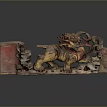 Traditional Wooden Mythical Beast Carving With Red Yellow Colors And Decorative Patterns