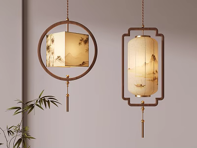 Traditional Chinese Hanging Lights Featuring Circular and Rectangular Frames Landscape and Bamboo Patterns 3d model