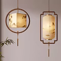 Traditional Chinese Hanging Lights Featuring Circular and Rectangular Frames Landscape and Bamboo Patterns 3d model