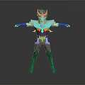 Animated Warrior Character In Blue Purple Outfit With Yellow Accents And Arms Outstretched