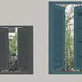 White and Wooden Window Blinds in Room with Trees and Buildings Outside